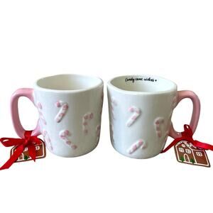 Dayna Lee CANDY CANE WISHES Embossed Mug Set of 2 Pastel Pink & White New